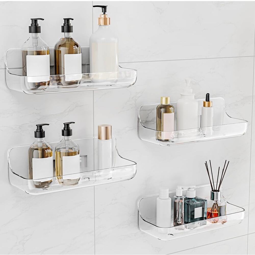 Adhesive Shower Caddy 4 Pack Acrylic Bathroom Shelves No Drill Wall Mount